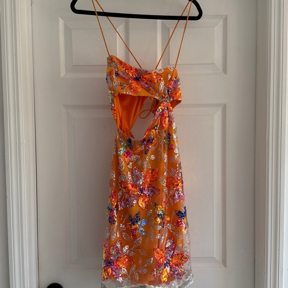 NWT ANGEL BIBA Orange Floral Sequin Cutout Lace Up Mini Dress L - Picture 6 of 10